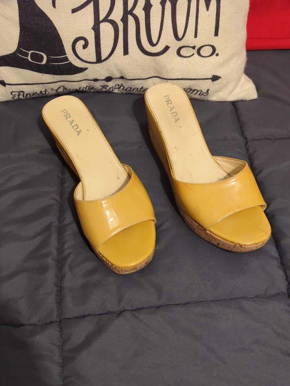 Authentic Prada Yellow Patent Leather Cork Wedge Mules Size 39 1/2 - Size 9